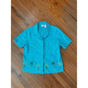 Vintage Kim Rogers Linen Blend Embroidered Palm Tree Beach Shirt Size L